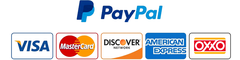Medios de pago aceptados: PayPal, Visa, MasterCard, Discover, American Express, OXXO